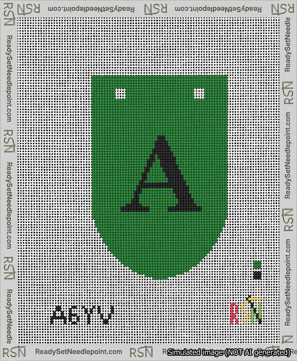 A taped needlepoint canvas with the design: Banner 13 mesh count Rounded A Black on Green.