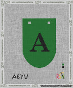 A taped needlepoint canvas with the design: Banner 13 mesh count Rounded A Black on Green.