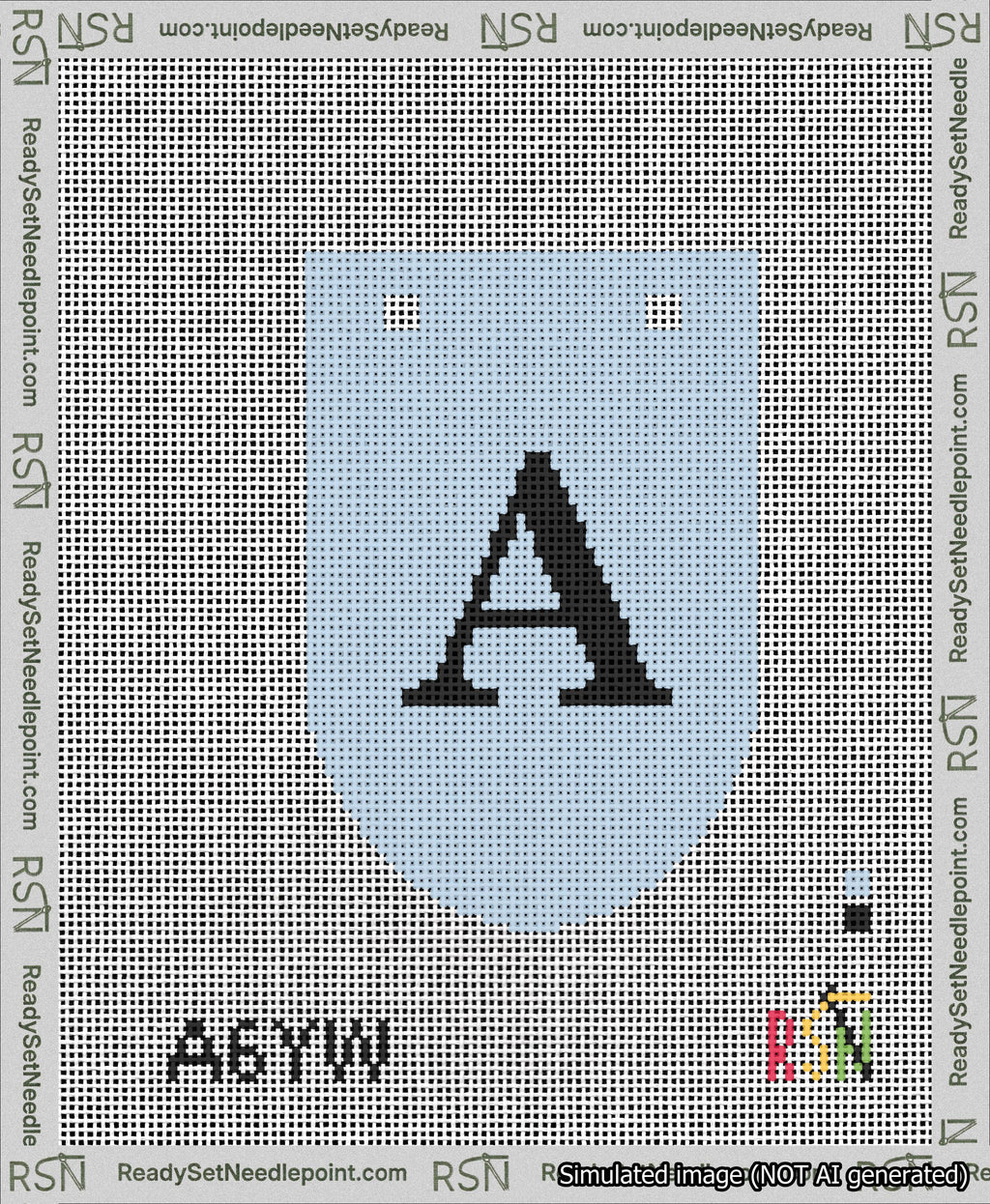 A taped needlepoint canvas with the design: Banner 13 mesh count Rounded A Black on Light Blue.