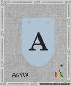 A taped needlepoint canvas with the design: Banner 13 mesh count Rounded A Black on Light Blue.
