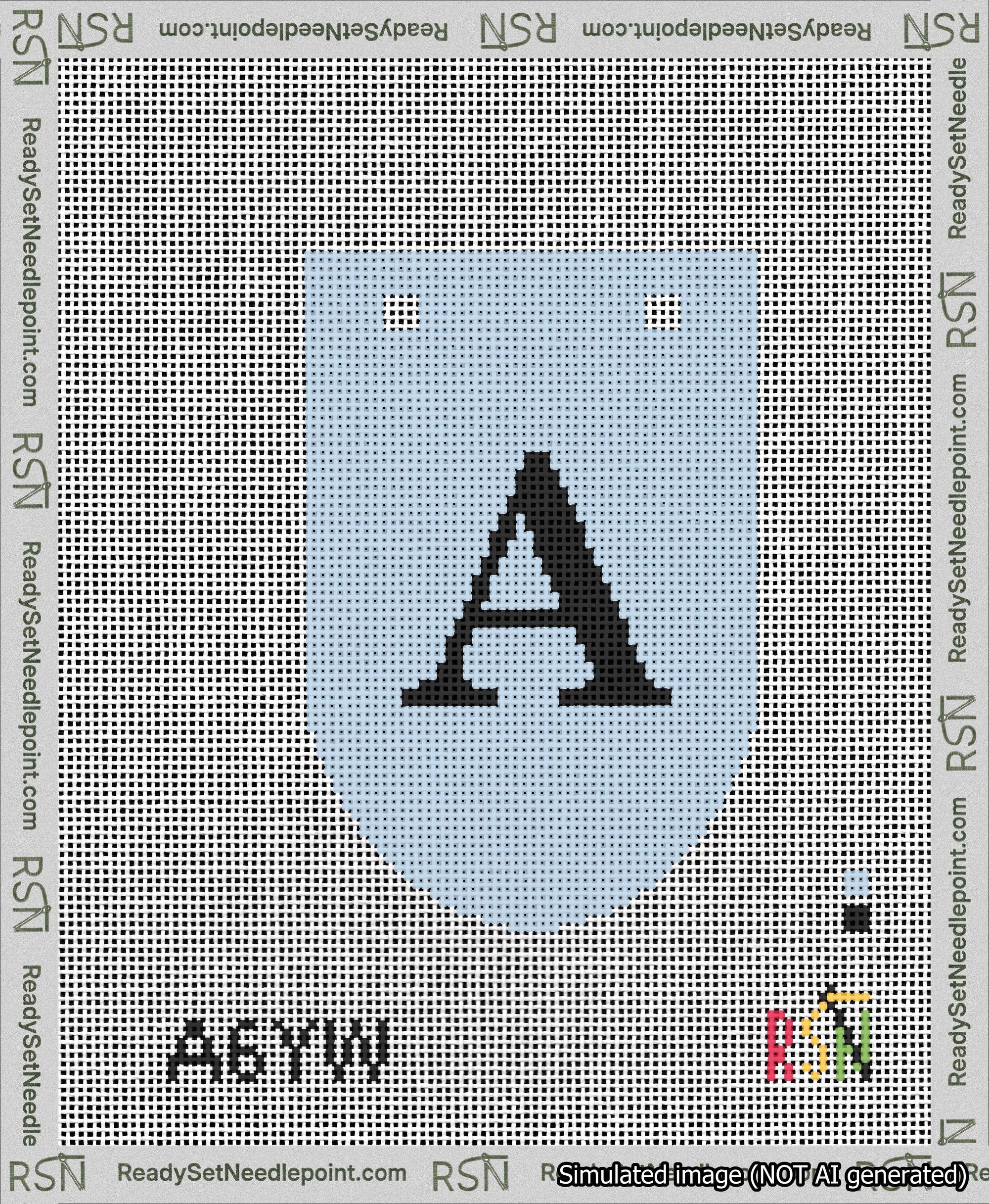 A taped needlepoint canvas with the design: Banner 13 mesh count Rounded A Black on Light Blue.