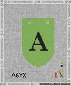 A taped needlepoint canvas with the design: Banner 13 mesh count Rounded A Black on Light Green.