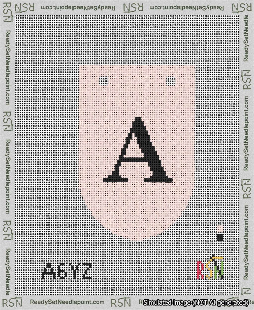 A taped needlepoint canvas with the design: Banner 13 mesh count Rounded A Black on Pink.