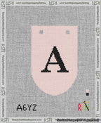 A taped needlepoint canvas with the design: Banner 13 mesh count Rounded A Black on Pink.