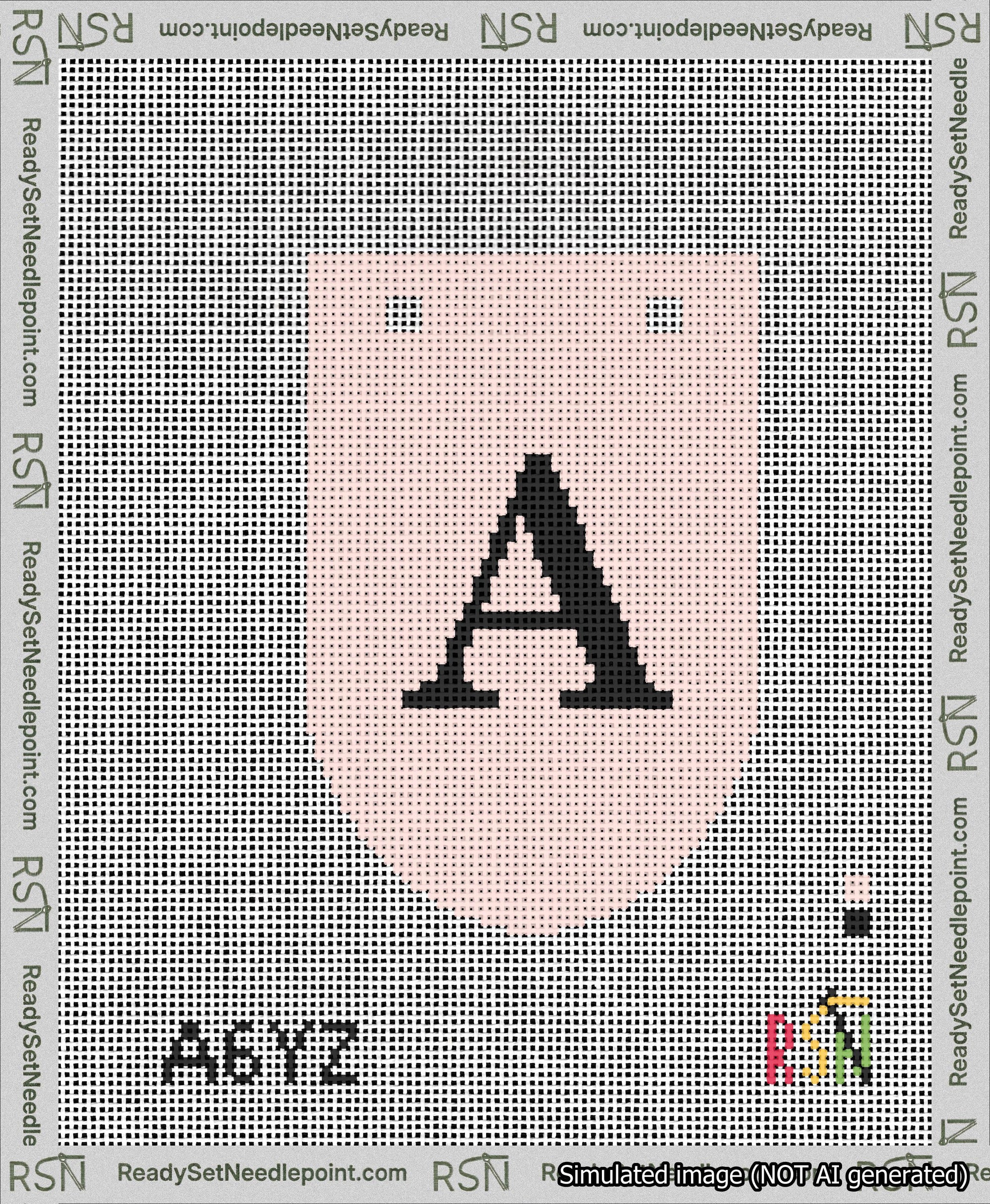 A taped needlepoint canvas with the design: Banner 13 mesh count Rounded A Black on Pink.