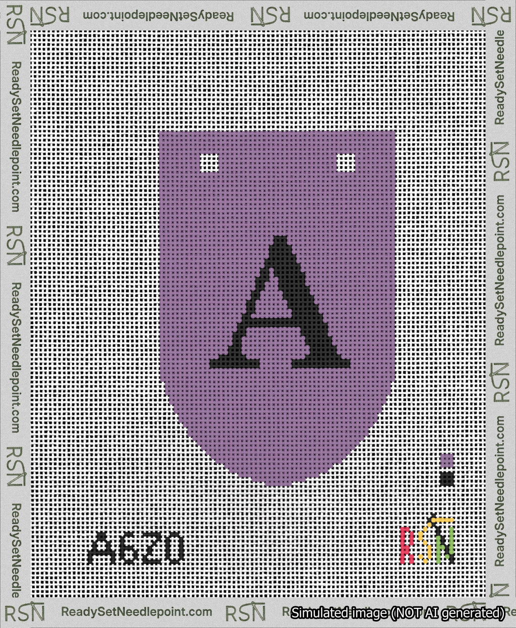 A taped needlepoint canvas with the design: Banner 13 mesh count Rounded A Black on Purple.
