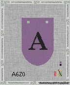 A taped needlepoint canvas with the design: Banner 13 mesh count Rounded A Black on Purple.