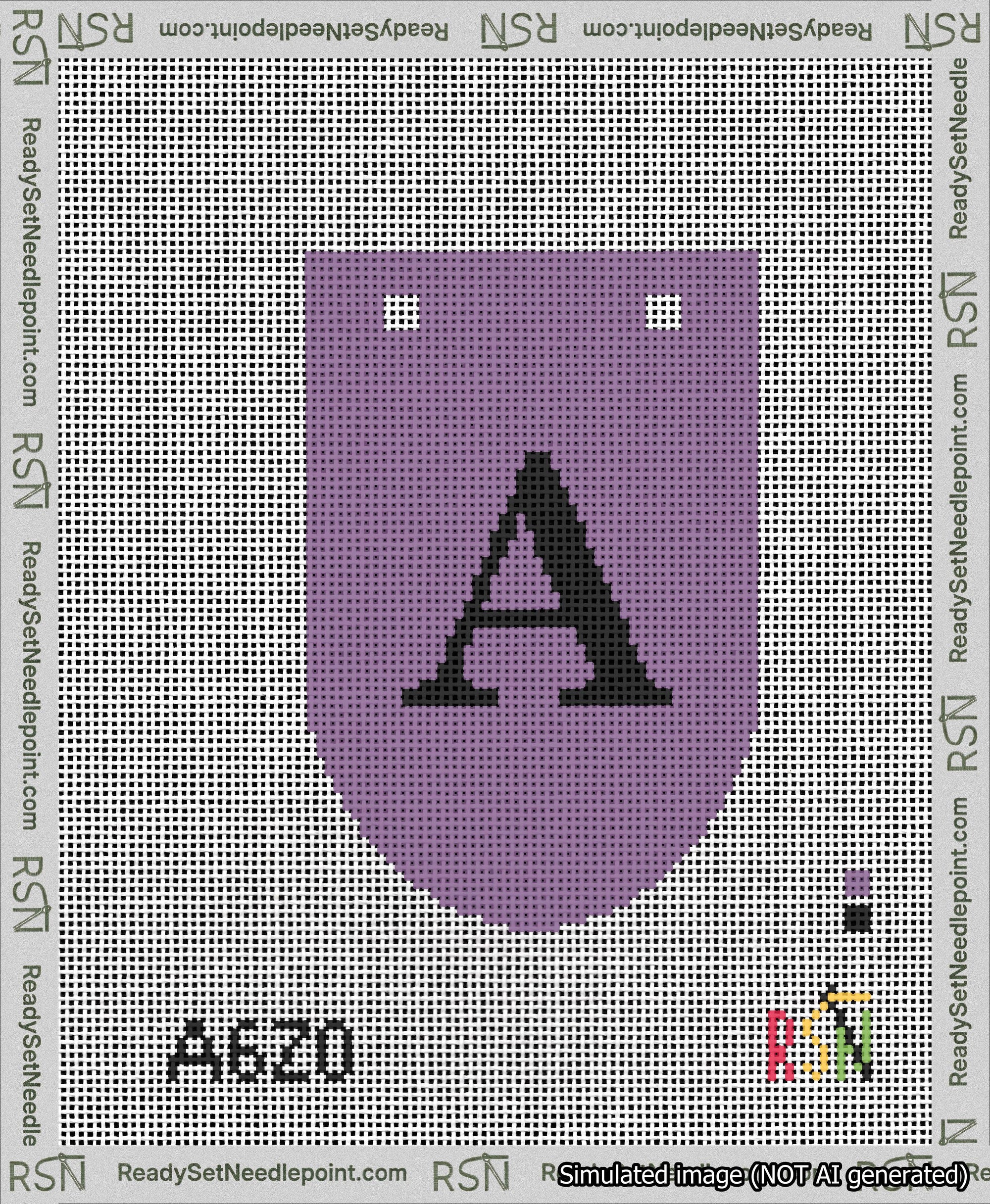 A taped needlepoint canvas with the design: Banner 13 mesh count Rounded A Black on Purple.