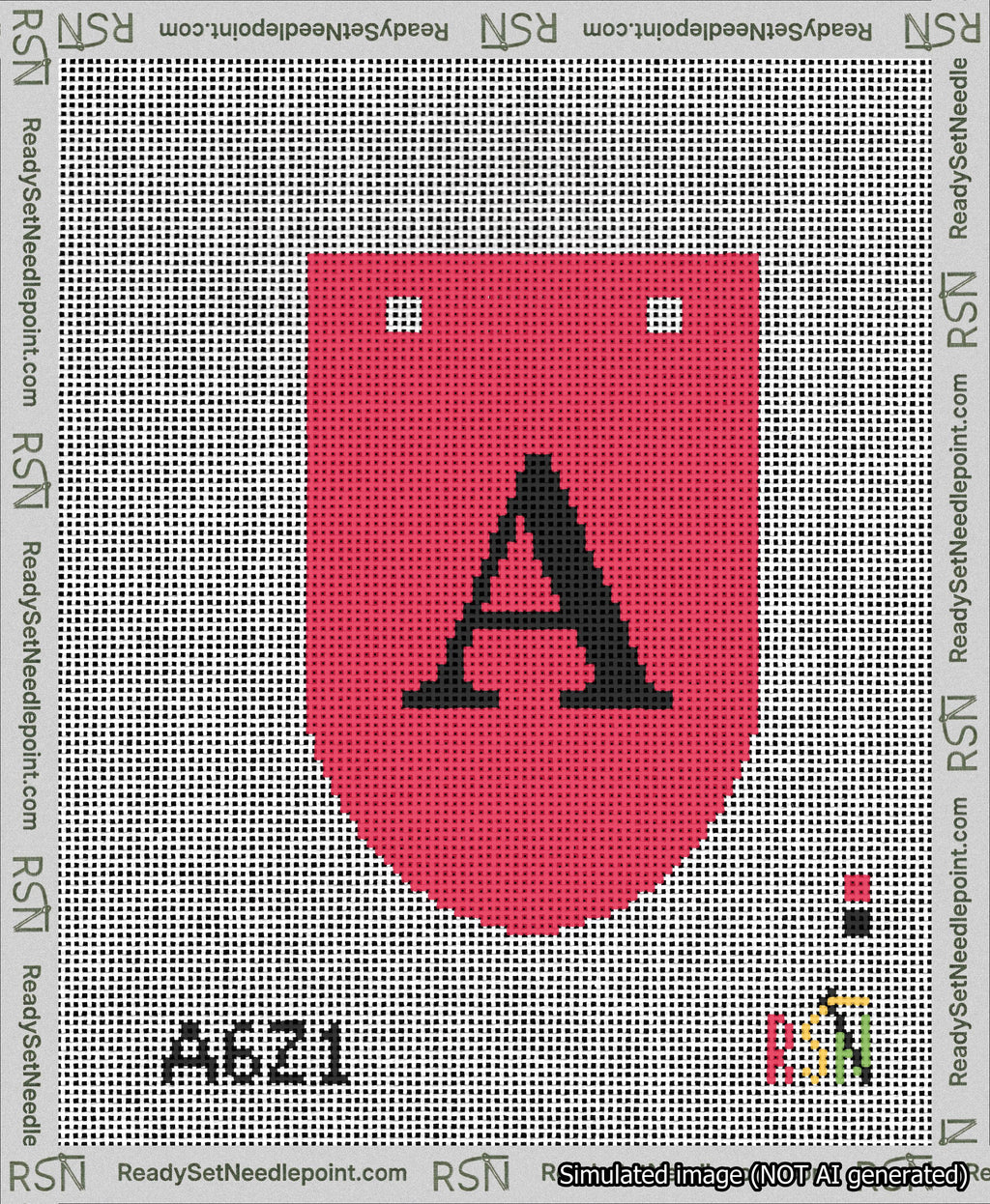 A taped needlepoint canvas with the design: Banner 13 mesh count Rounded A Black on Red.