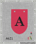 A taped needlepoint canvas with the design: Banner 13 mesh count Rounded A Black on Red.