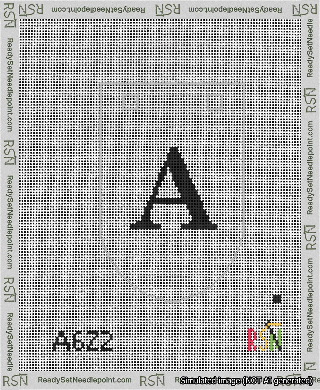 A taped needlepoint canvas with the design: Banner 13 mesh count Rounded A Black on White.