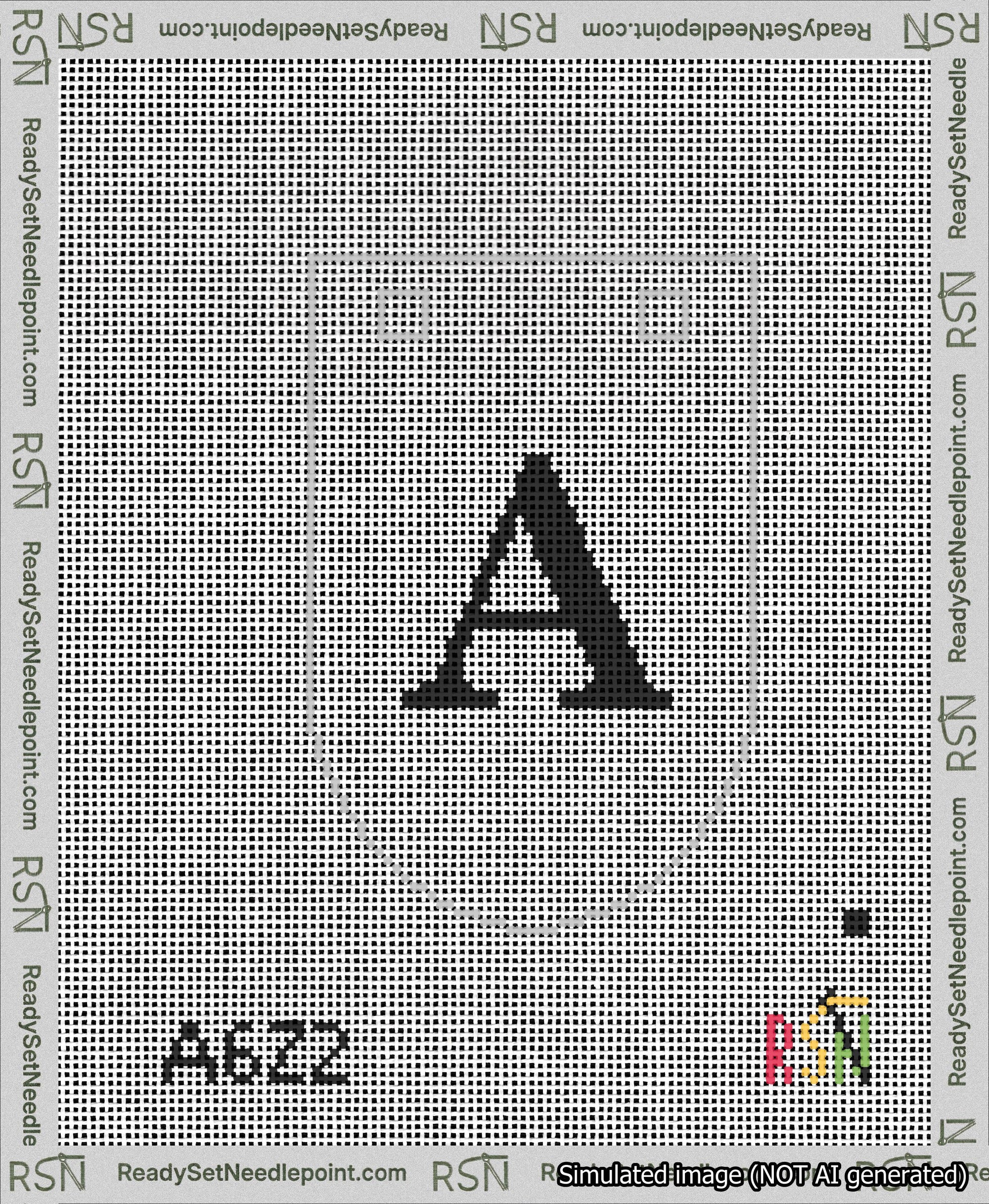 A taped needlepoint canvas with the design: Banner 13 mesh count Rounded A Black on White.