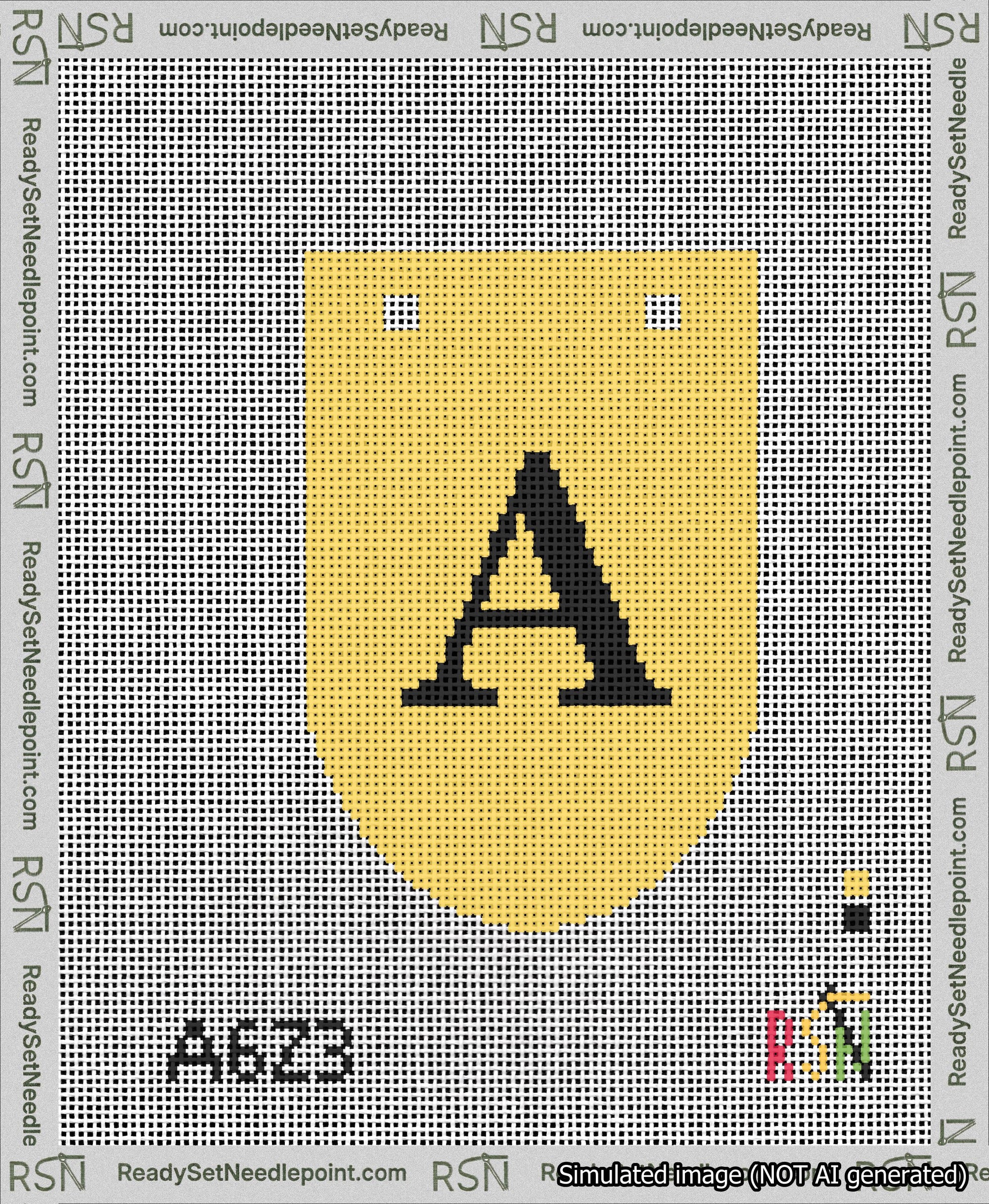 A taped needlepoint canvas with the design: Banner 13 mesh count Rounded A Black on Yellow.