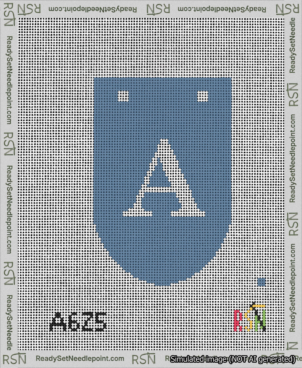 A taped needlepoint canvas with the design: Banner 13 mesh count Rounded A White on Blue.