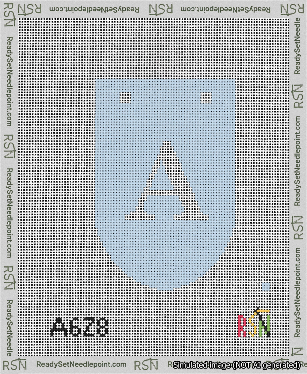 A taped needlepoint canvas with the design: Banner 13 mesh count Rounded A White on Light Blue.