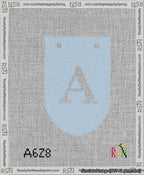 A taped needlepoint canvas with the design: Banner 13 mesh count Rounded A White on Light Blue.
