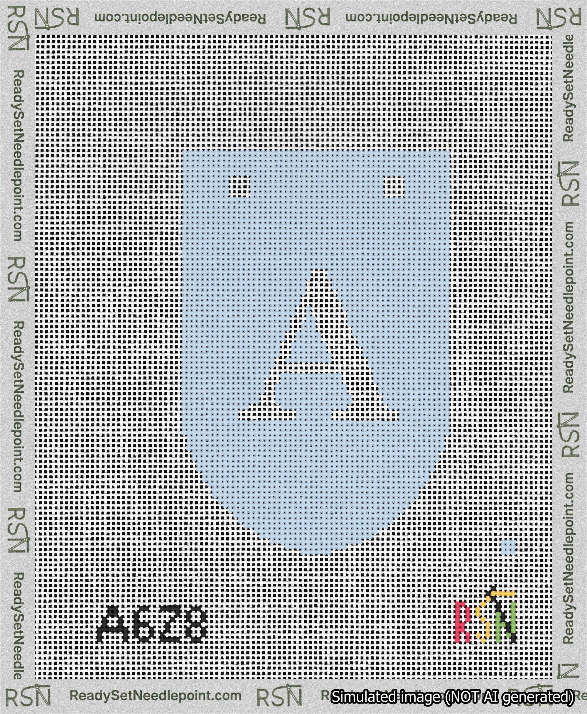 A taped needlepoint canvas with the design: Banner 13 mesh count Rounded A White on Light Blue.