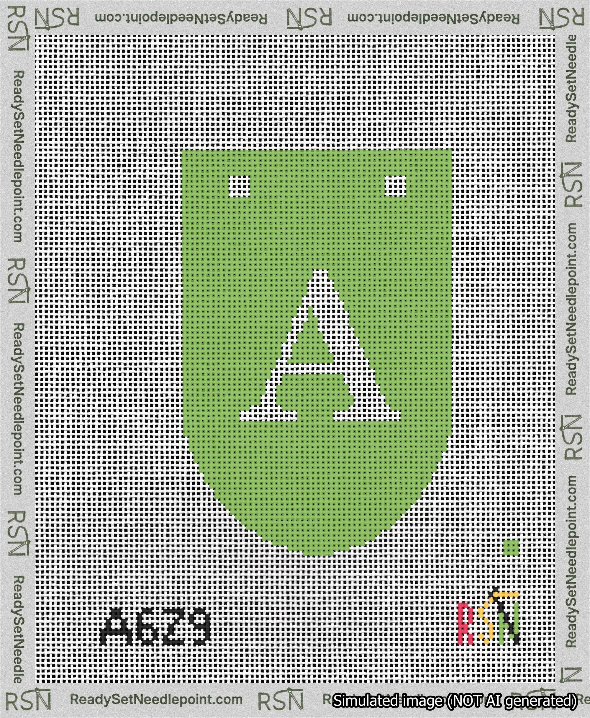 A taped needlepoint canvas with the design: Banner 13 mesh count Rounded A White on Light Green.