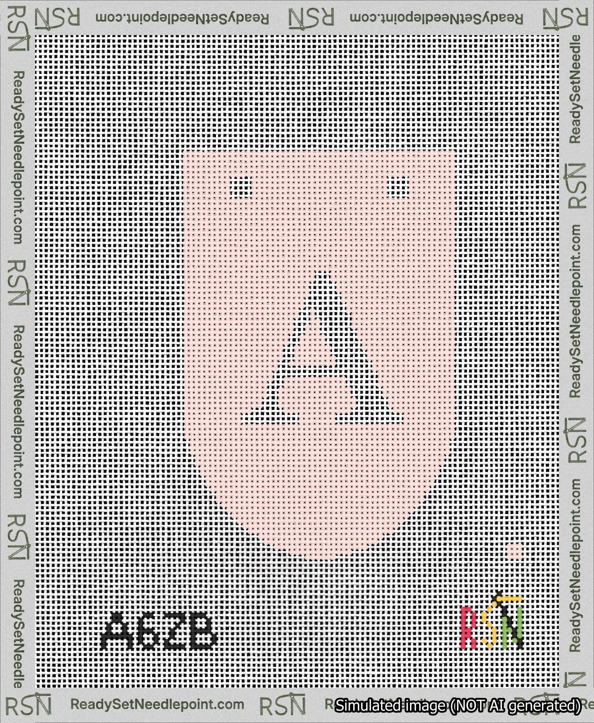 A taped needlepoint canvas with the design: Banner 13 mesh count Rounded A White on Pink.