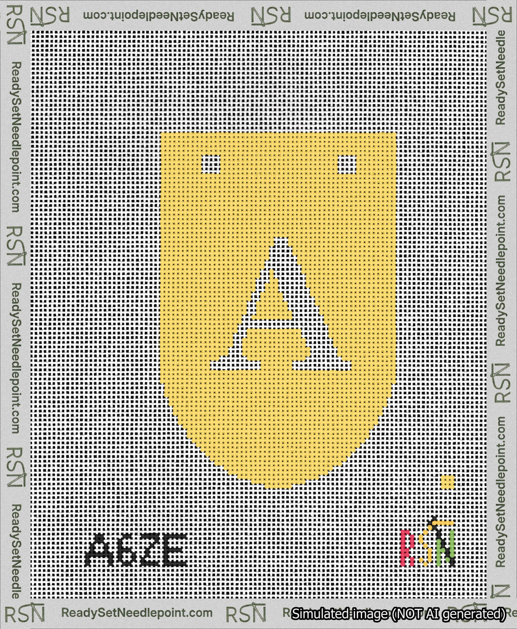 A taped needlepoint canvas with the design: Banner 13 mesh count Rounded A White on Yellow.