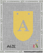 A taped needlepoint canvas with the design: Banner 13 mesh count Rounded A White on Yellow.