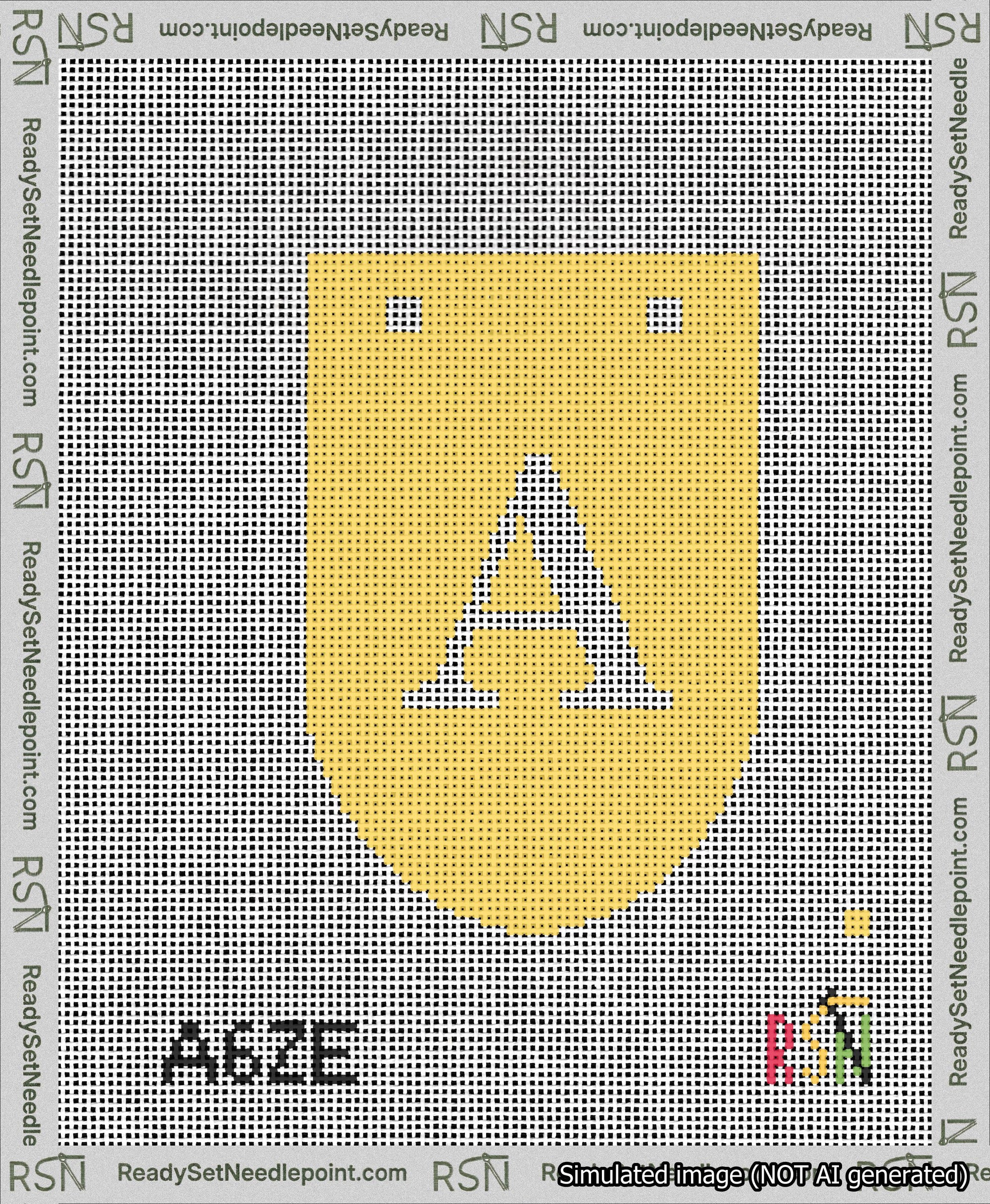 A taped needlepoint canvas with the design: Banner 13 mesh count Rounded A White on Yellow.