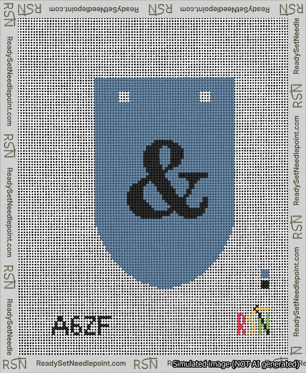 A taped needlepoint canvas with the design: Banner 13 mesh count Rounded Ampersand Black on Blue.
