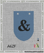 A taped needlepoint canvas with the design: Banner 13 mesh count Rounded Ampersand Black on Blue.