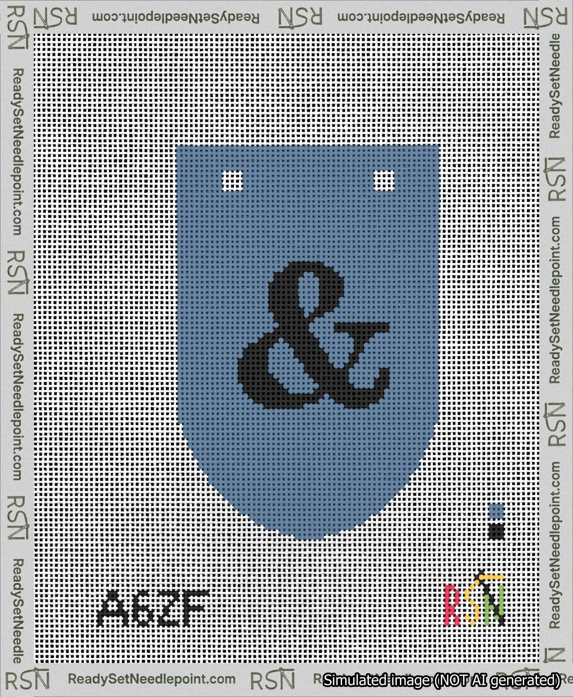 A taped needlepoint canvas with the design: Banner 13 mesh count Rounded Ampersand Black on Blue.