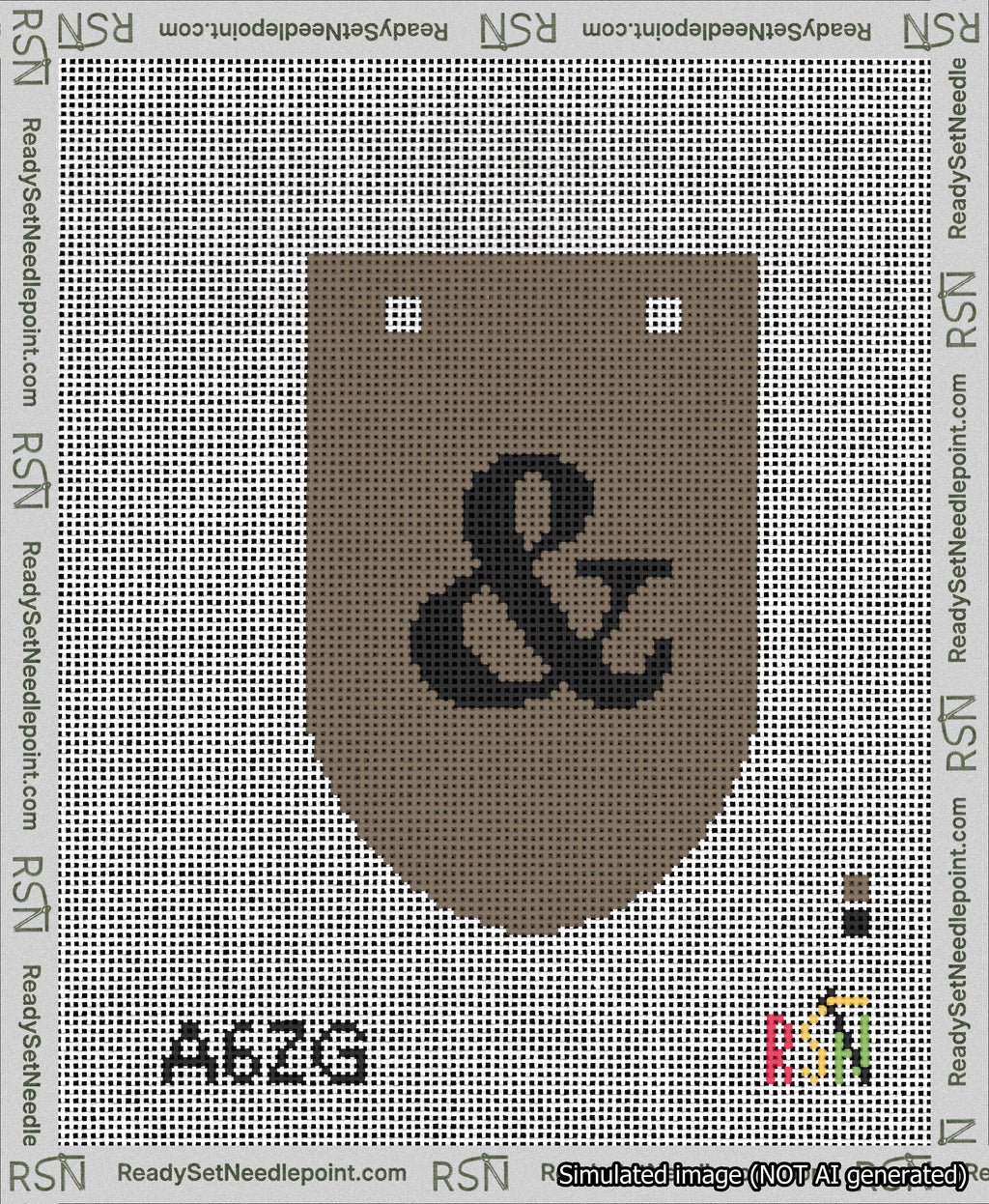 A taped needlepoint canvas with the design: Banner 13 mesh count Rounded Ampersand Black on Brown.