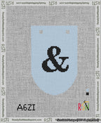 A taped needlepoint canvas with the design: Banner 13 mesh count Rounded Ampersand Black on Light Blue.