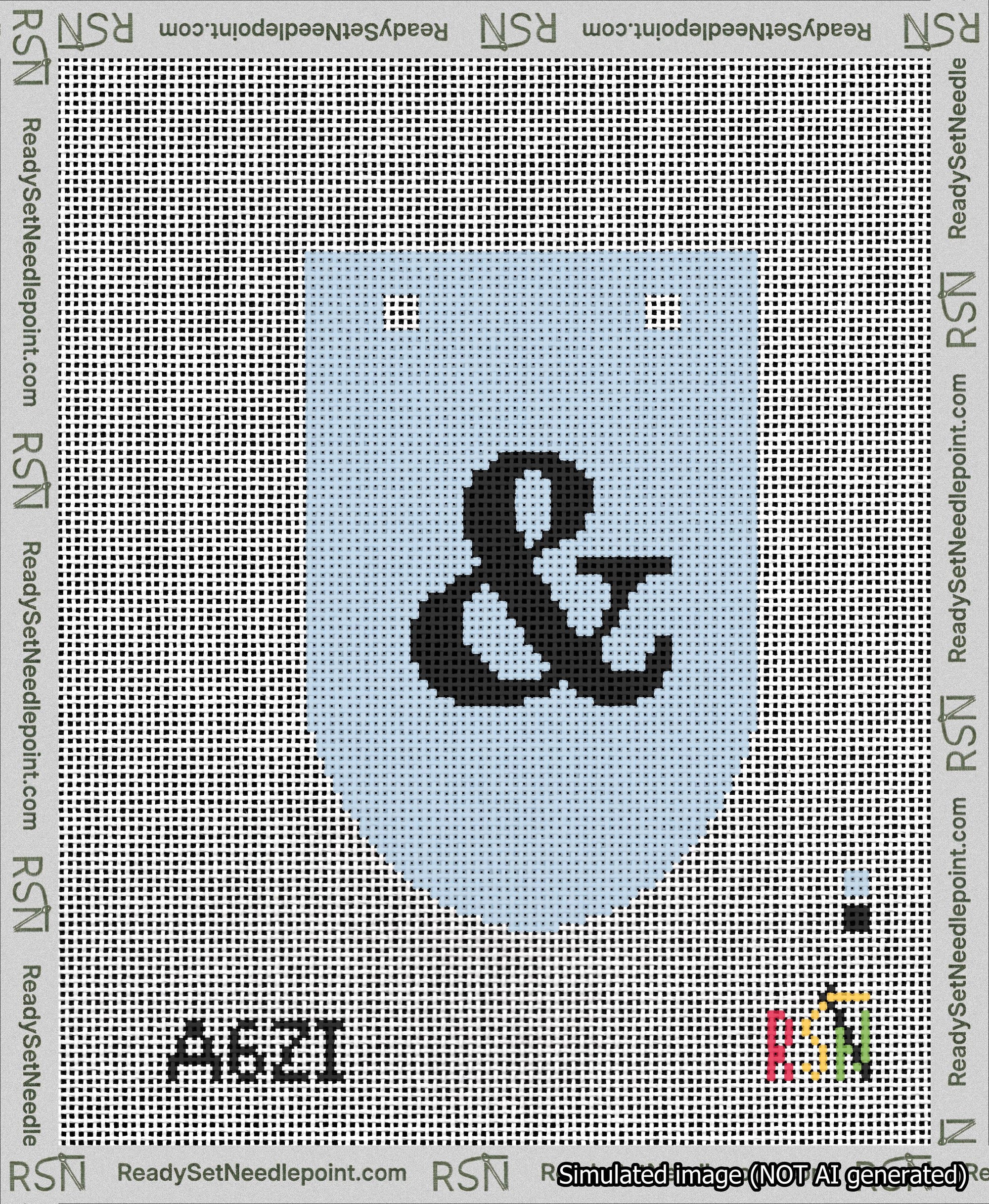 A taped needlepoint canvas with the design: Banner 13 mesh count Rounded Ampersand Black on Light Blue.