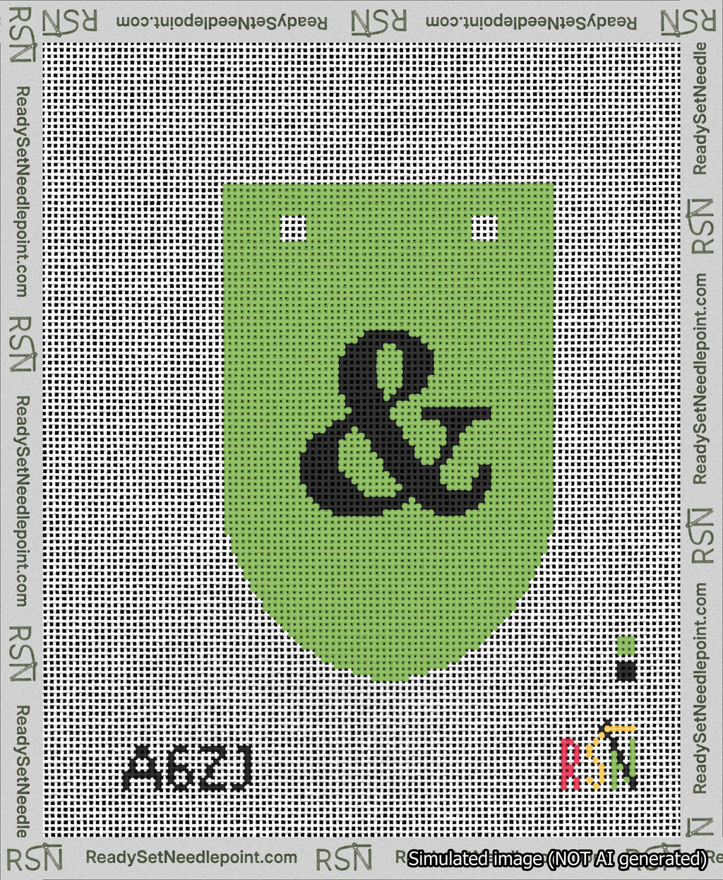 A taped needlepoint canvas with the design: Banner 13 mesh count Rounded Ampersand Black on Light Green.