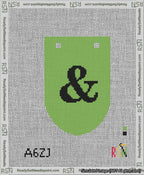 A taped needlepoint canvas with the design: Banner 13 mesh count Rounded Ampersand Black on Light Green.