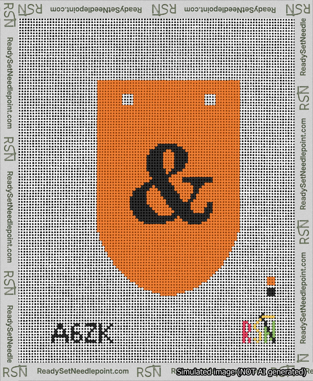 A taped needlepoint canvas with the design: Banner 13 mesh count Rounded Ampersand Black on Orange.
