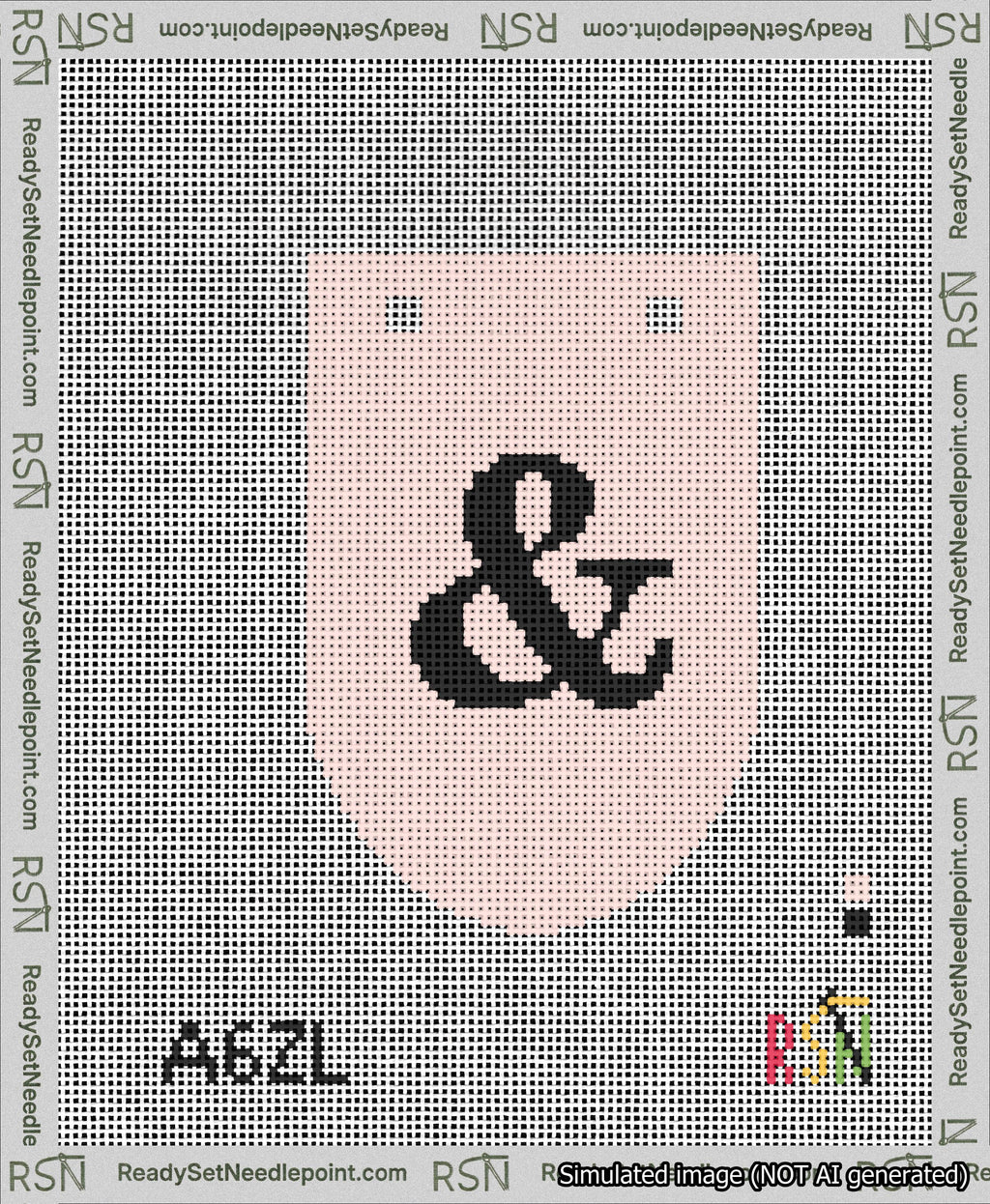 A taped needlepoint canvas with the design: Banner 13 mesh count Rounded Ampersand Black on Pink.