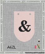 A taped needlepoint canvas with the design: Banner 13 mesh count Rounded Ampersand Black on Pink.