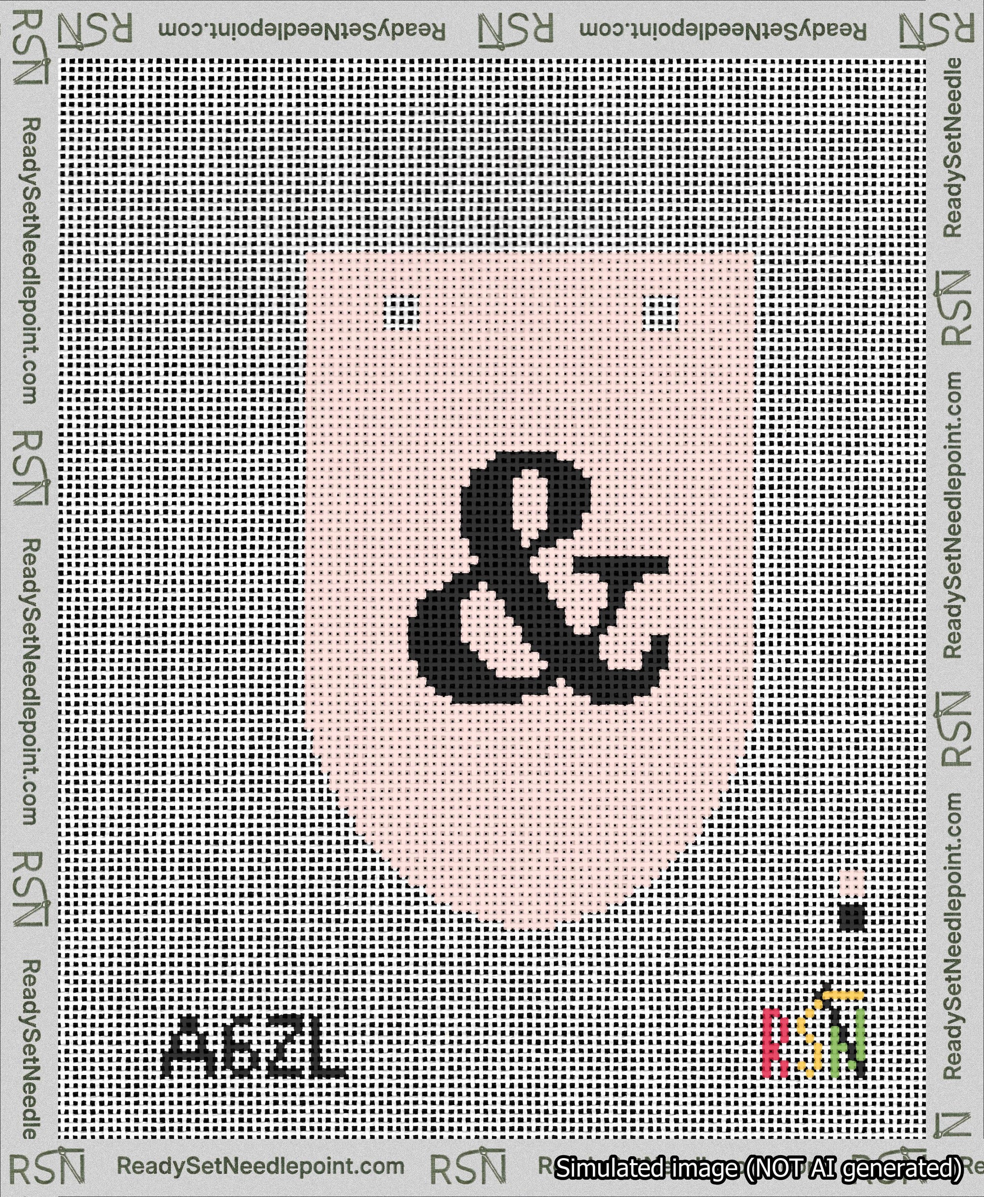 A taped needlepoint canvas with the design: Banner 13 mesh count Rounded Ampersand Black on Pink.