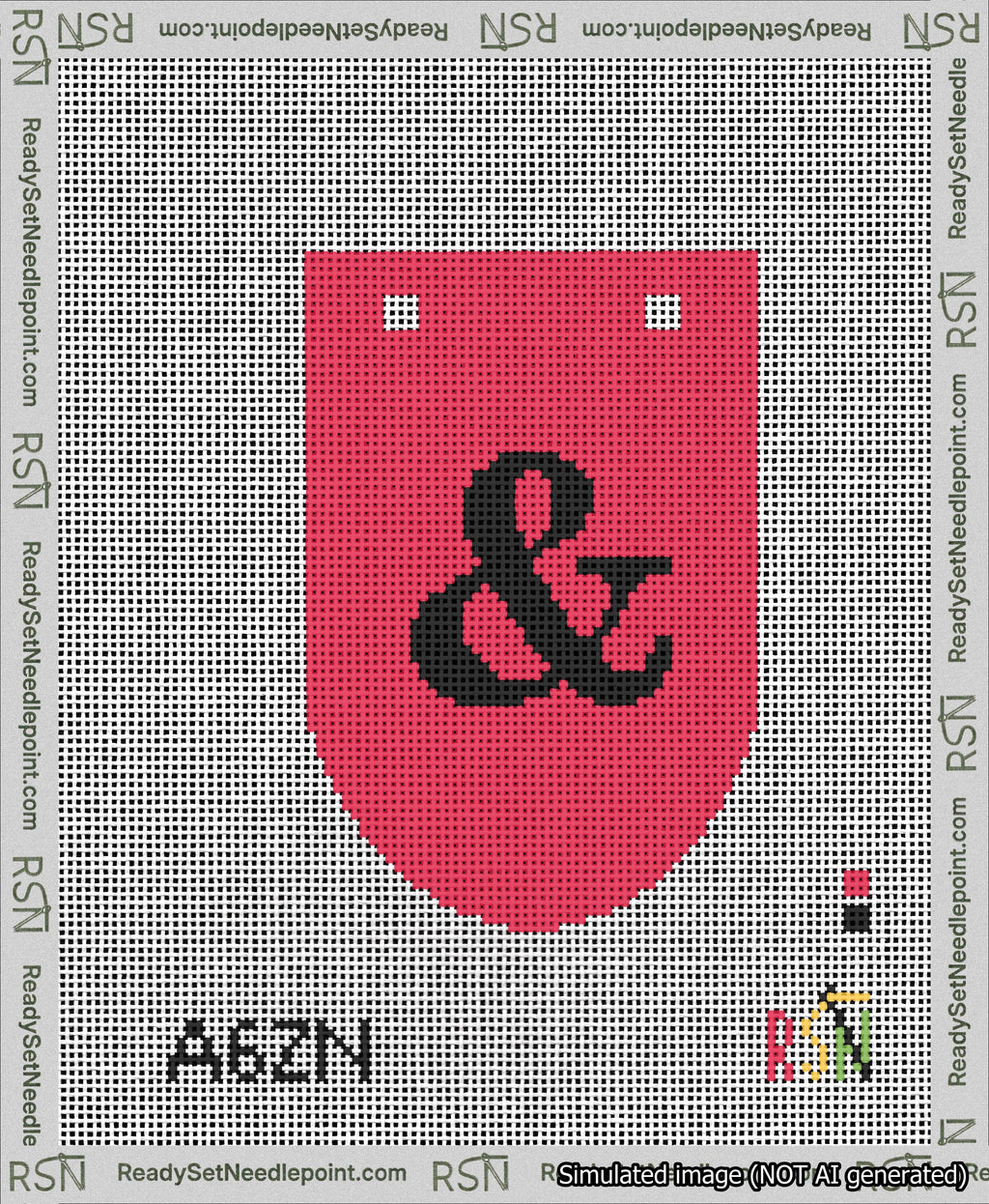 A taped needlepoint canvas with the design: Banner 13 mesh count Rounded Ampersand Black on Red.