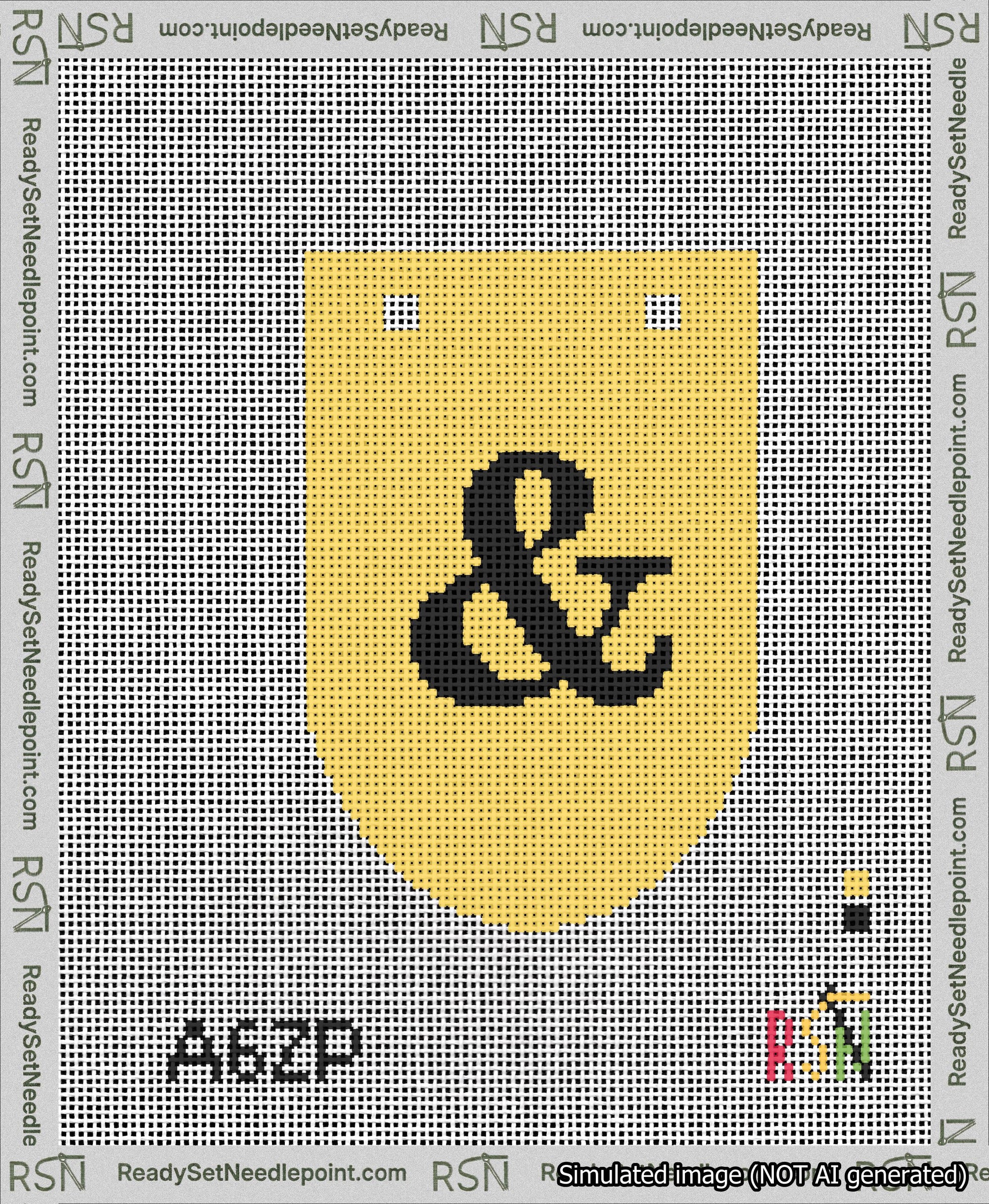A taped needlepoint canvas with the design: Banner 13 mesh count Rounded Ampersand Black on Yellow.