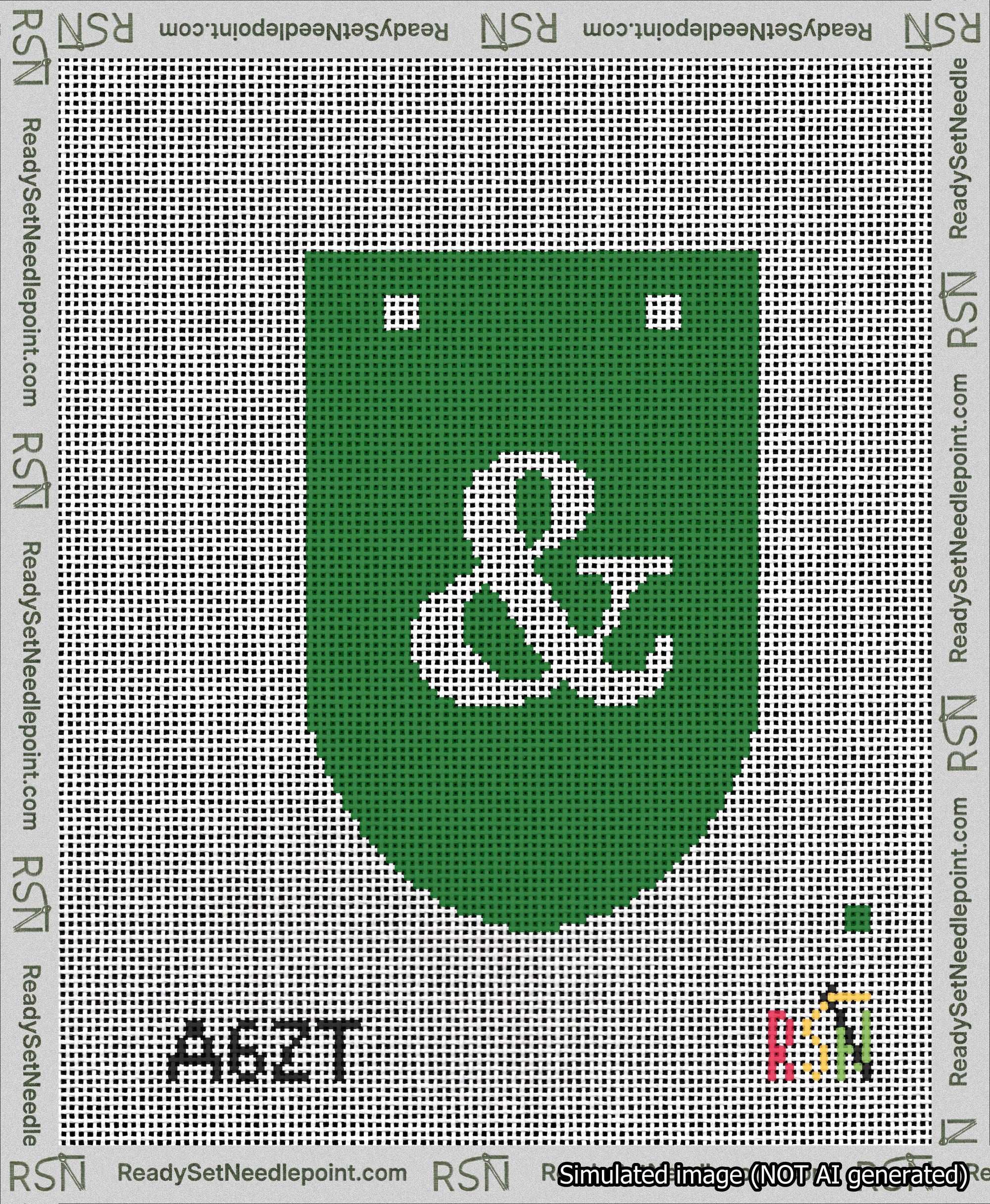 A taped needlepoint canvas with the design: Banner 13 mesh count Rounded Ampersand White on Green.