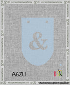 A taped needlepoint canvas with the design: Banner 13 mesh count Rounded Ampersand White on Light Blue.