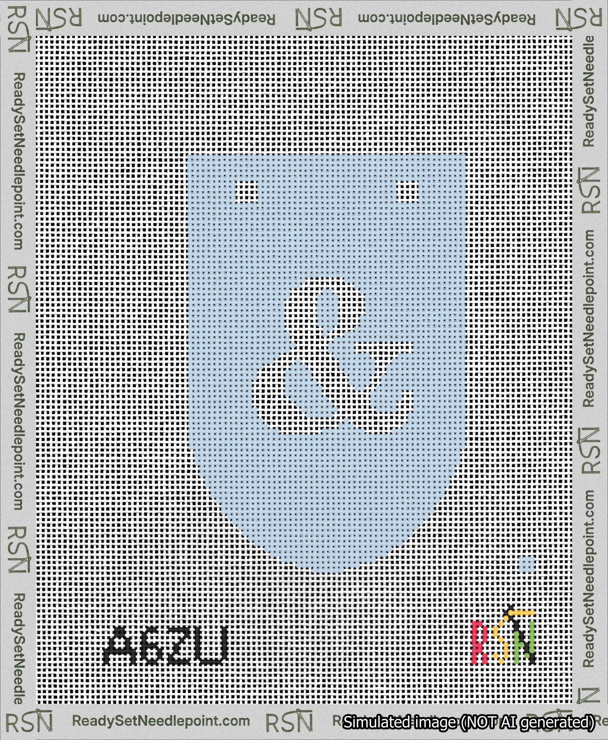 A taped needlepoint canvas with the design: Banner 13 mesh count Rounded Ampersand White on Light Blue.
