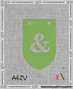 A taped needlepoint canvas with the design: Banner 13 mesh count Rounded Ampersand White on Light Green.
