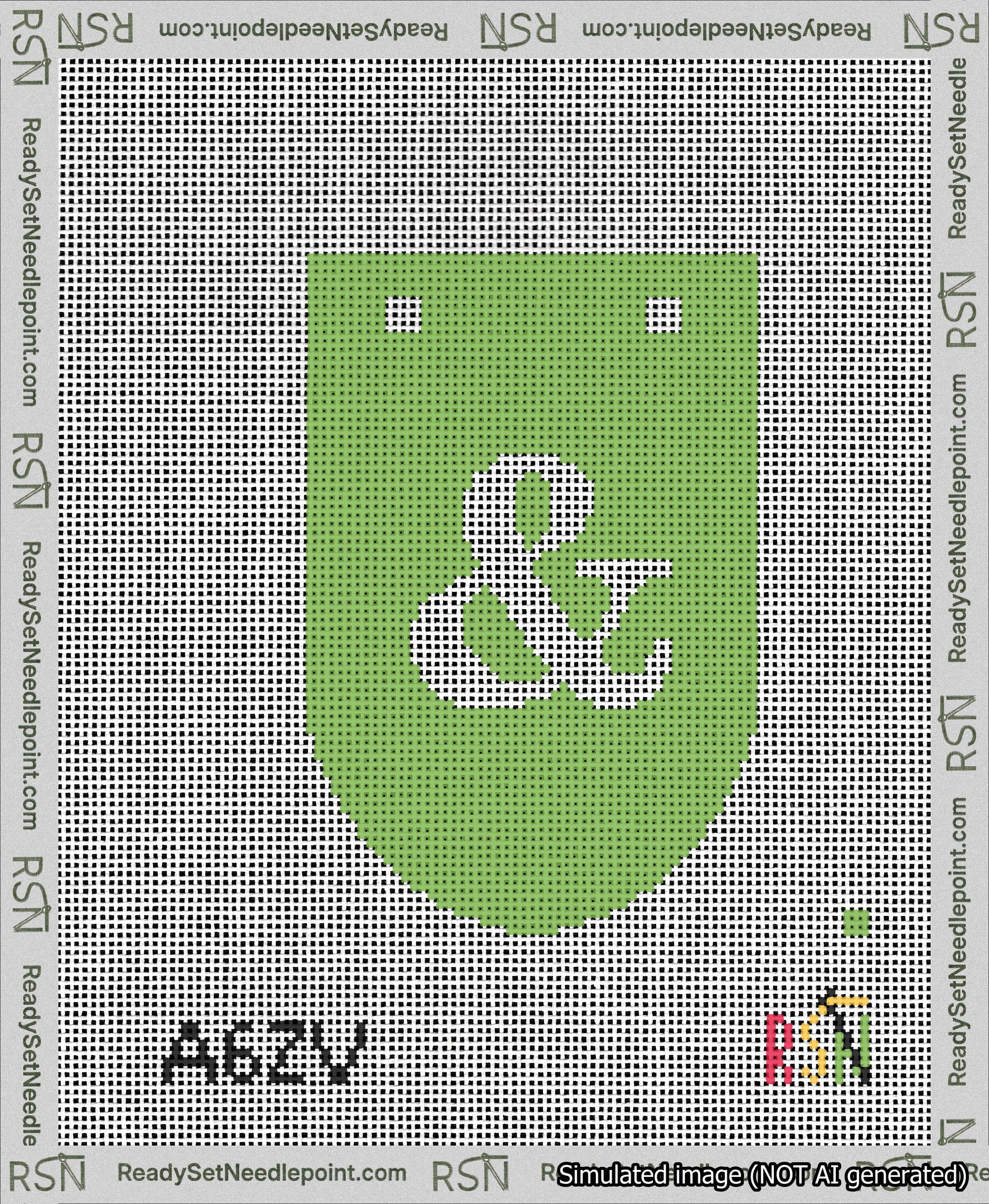 A taped needlepoint canvas with the design: Banner 13 mesh count Rounded Ampersand White on Light Green.