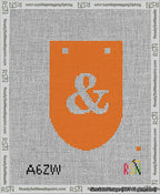 A taped needlepoint canvas with the design: Banner 13 mesh count Rounded Ampersand White on Orange.