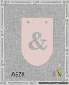 A taped needlepoint canvas with the design: Banner 13 mesh count Rounded Ampersand White on Pink.