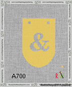 A taped needlepoint canvas with the design: Banner 13 mesh count Rounded Ampersand White on Yellow.