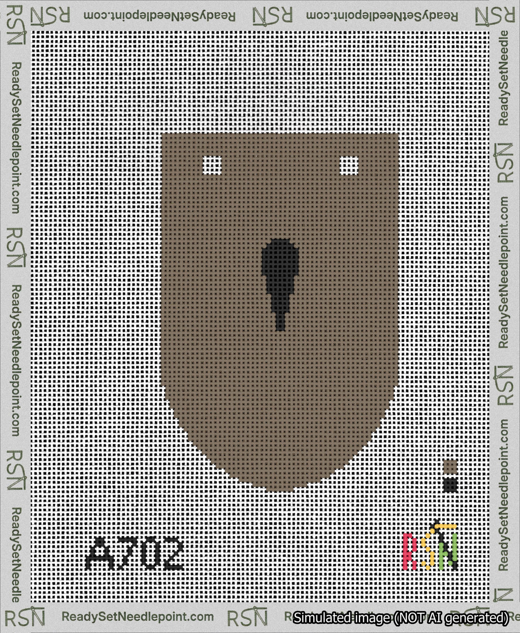 A taped needlepoint canvas with the design: Banner 13 mesh count Rounded Apostrophe Black on Brown.