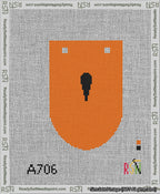 A taped needlepoint canvas with the design: Banner 13 mesh count Rounded Apostrophe Black on Orange.